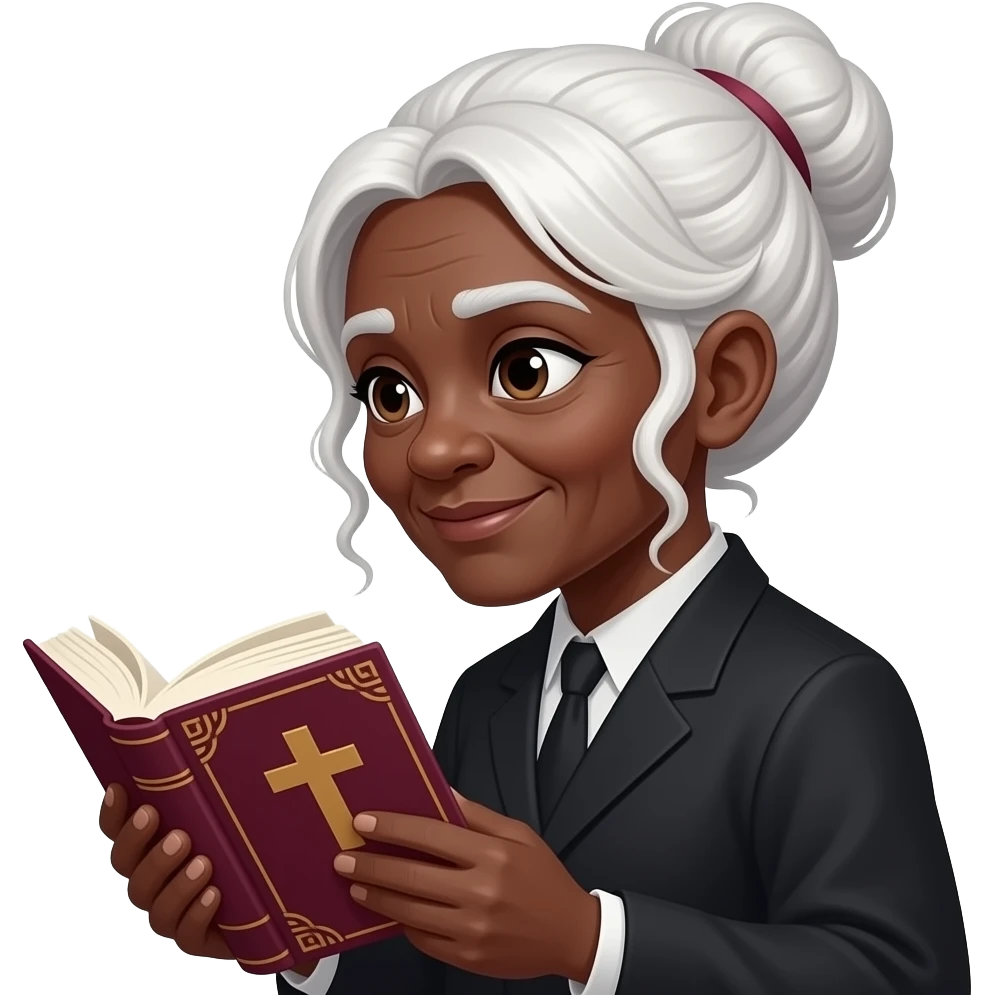 wise old woman with white hair tendrils in a bun black skin with burgundy book that has a cross on it facing left emoji