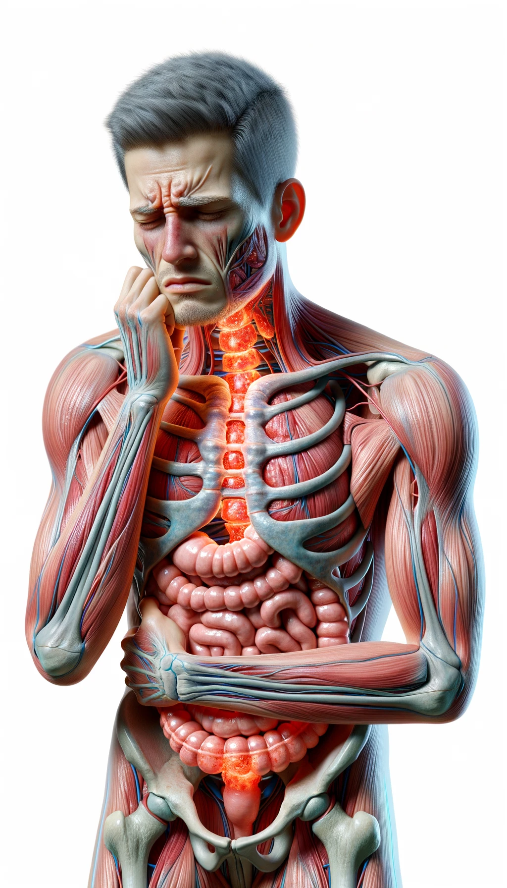 corpo umano anatomico realistico con intestino infiammato, espressione di dolore in volto, iperrealistico 4k, isolato su sfondo bianco emoji