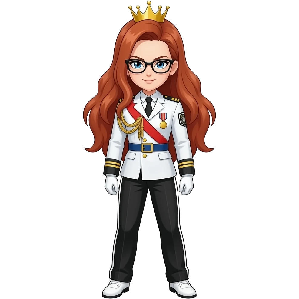 brown bushy auburn haired female android 21 from dragon ball super are wear gold tiara black glass white military tunic arm badge shoulder cord medal red sash blue belt black trouser with two side stripes white shoes and become as evilness eyed emoji