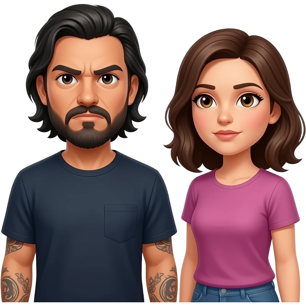 A really angry Latino husband with medium length hair and beard and tattoos found out his wife was cheating on him with a bald, red bearded guy, and his wife is beautiful with hazel eyes and shoulder length brown hair and their relationship is broken emoji