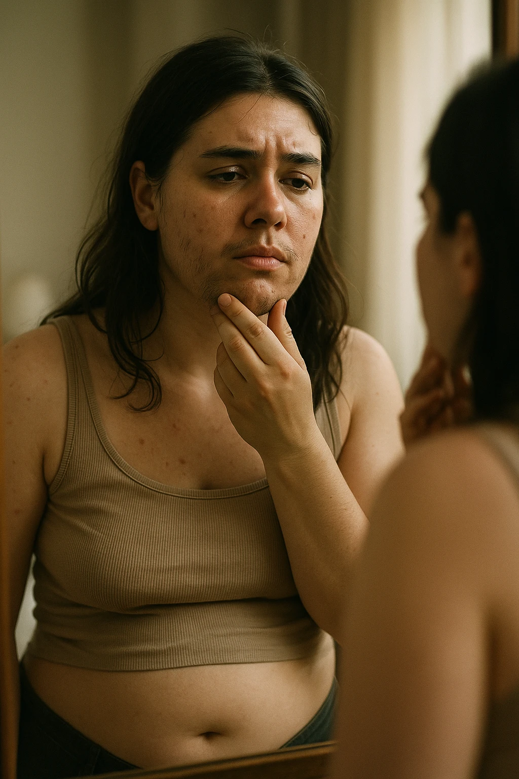 A realistic, cinematic portrait of a young woman in her late 20s standing in front of a mirror, visibly concerned while touching her chin and jawline where small dark facial hairs are noticeable, indicating hirsutism. Her skin appears oily, with a few cystic acne spots on her cheeks and jaw, and her dark hair is slightly greasy, indicating increased sebum production due to androgen excess. Her body shows mild abdominal bloating, and she looks at herself with a mix of frustration and sadness, capturing the emotional struggle linked to PCOS. The scene is set in a softly lit bedroom or bathroom with neutral daylight, with a clear mirror reflection to emphasize self-observation and discomfort. Style: realistic 35mm cinematic look, soft focus on her face and hair details, warm tones to keep it human and relatable emoji