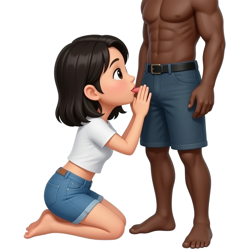 Asian girl kneeling before a black guy showing his penis and sucking on his black emoji