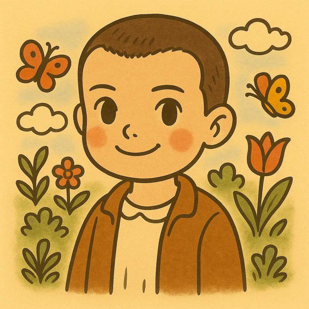 Variation of Eleven from Stranger Things, from the waist up, smiling expression, inspired by coloring drawings of Bobbie Goods and Cuzy, in Ghibli style, square format 1:1. emoji