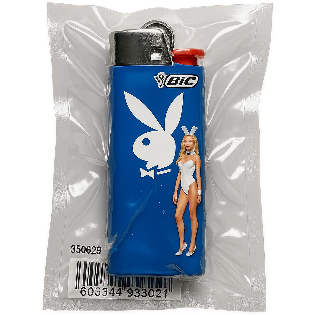 blue BIC lighter, glossy and puffy, with a white Playboy Bunny logo and a model in a white bunny suit emoji