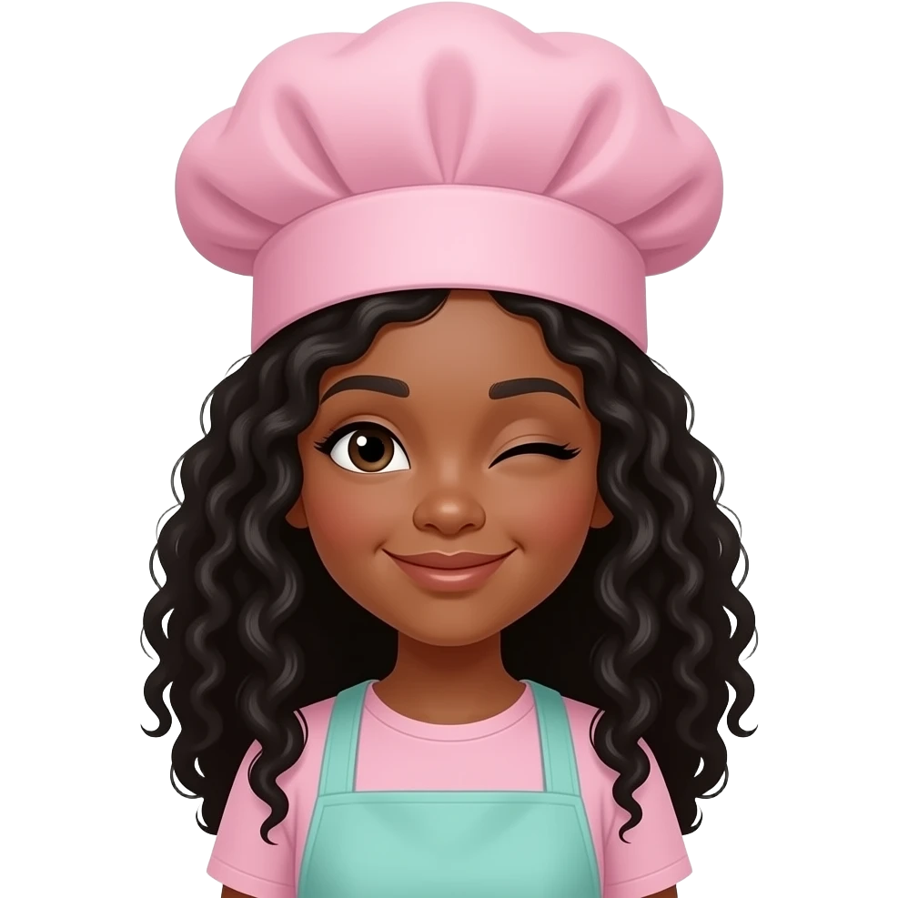 chicade piel morocha con rulos negros largos y vestida con gorro de pastelera rosa viejo y delantal verde menta giñando un ojo emoji