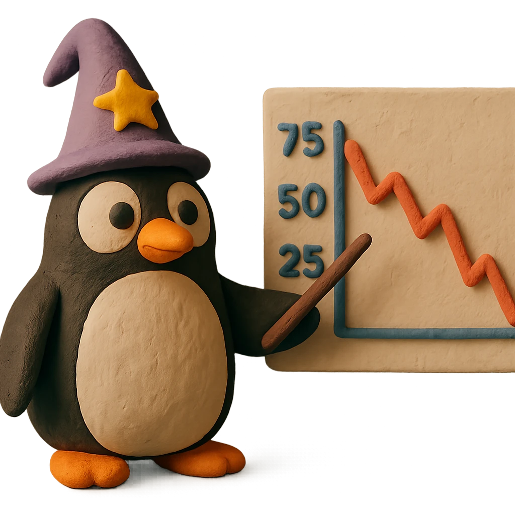 penguin wizard pointing to a stock chart with numbers going down emoji