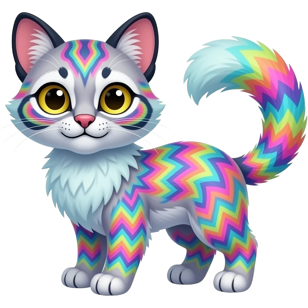 Colorful furry happy cute floofy pale minty lilac onyx fruity glorious exotic neon vibrant zigzagged fantasy-caracal-civet-genet-sergal-vernid-Gryphon-Cacomistle-Trico-oncilla-animal-Fakémon-hybrid-fursona (full body), facial markings, (realism style) emoji