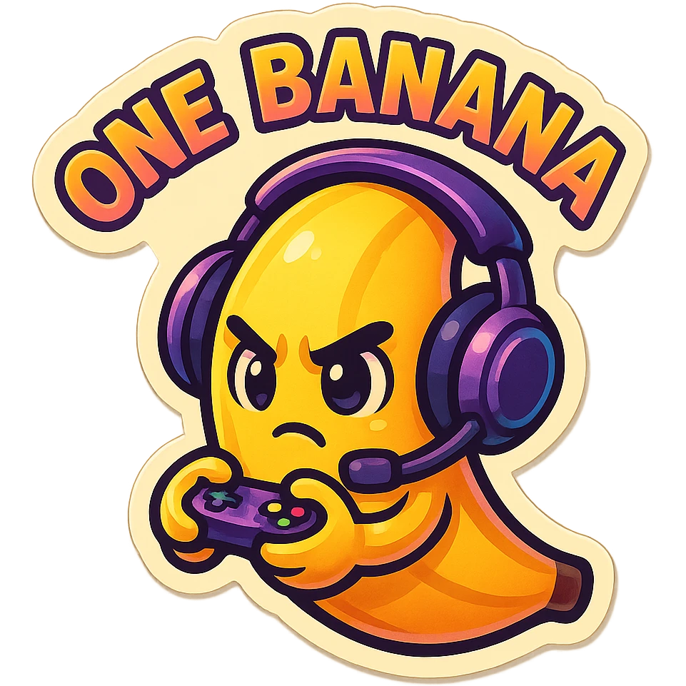 Cartoon banana wearing headset, holding tiny controller, focused expression, text above: "NE BANANA", chibi style, Twitch emoji style, transparent background, colorful emoji