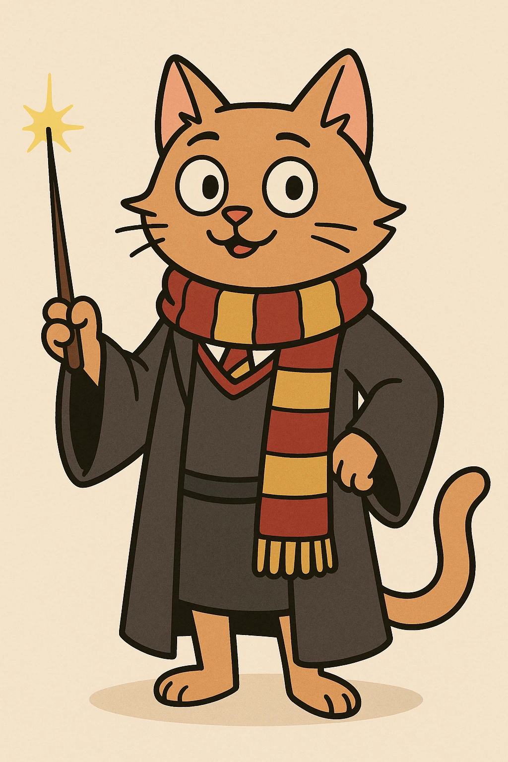 a cat in wizard robes, holding a wand and wearing a Gryffindor scarf, cartoon style, flat toon emoji