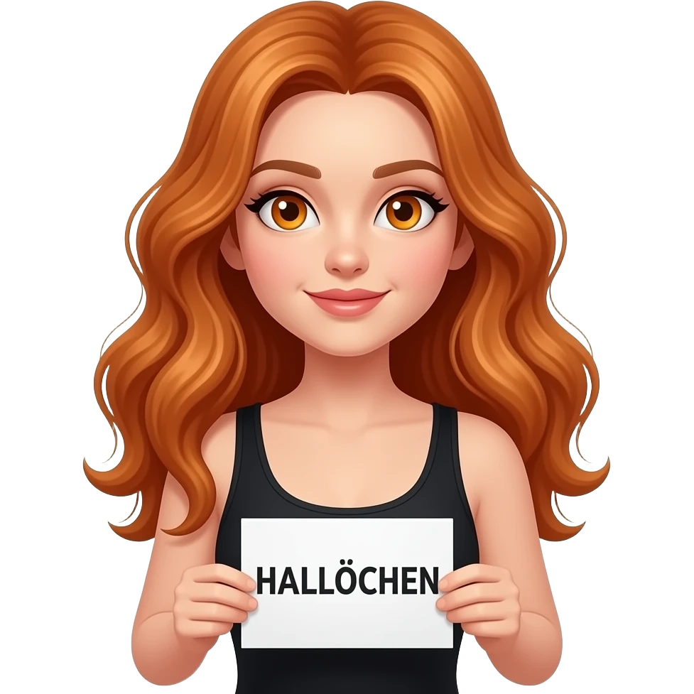 sexy girl with long wavy ginger hair and ginger eyes wearing a black tanktop is holding a white sign with HALLÖCHEN written on it emoji