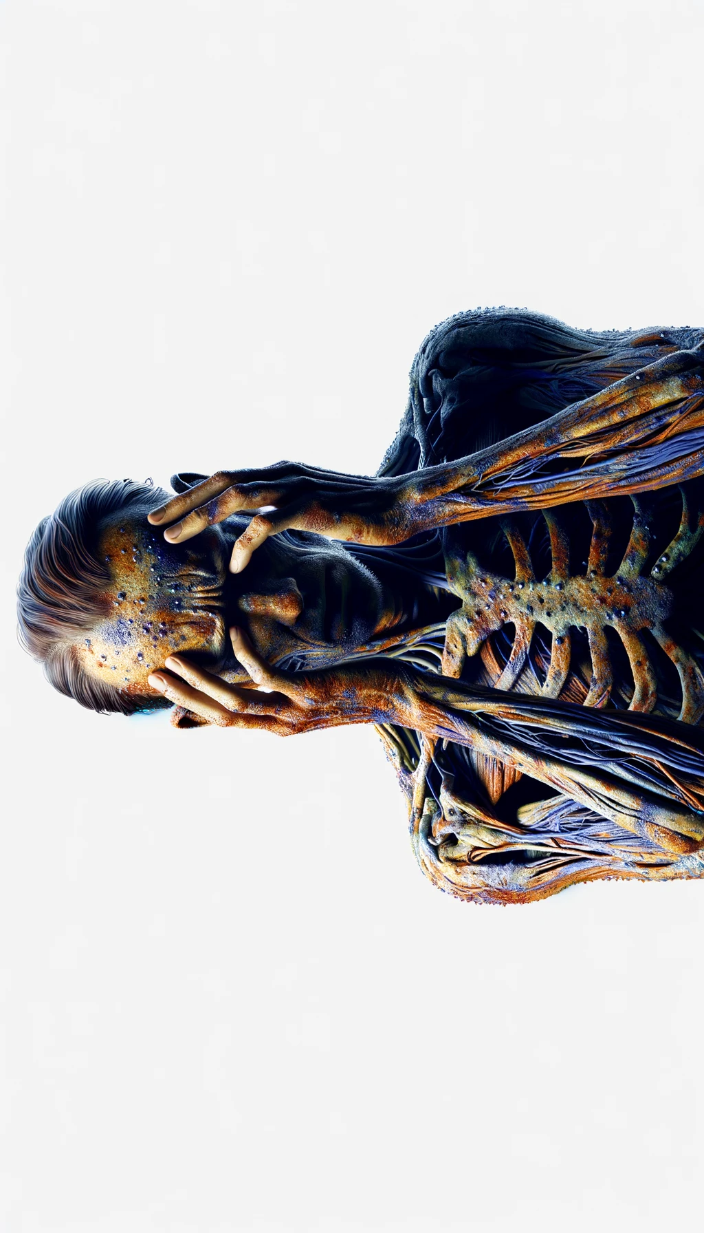 CORPO UMANO ANATOMICO REALISTICO CON COLORI REALISTICI DISPERATO, POSA FRONTALE,  SI TIENE LE MANI SULLA FRONTE E NON SA COSA FARE, SUDATO, IPERREALISTICO 4K, SFONDO BIANCO emoji