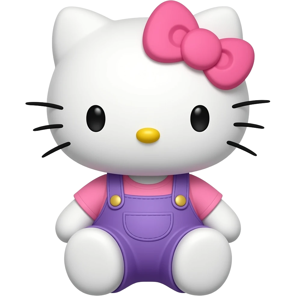 hello kitty sitting down wearing purple overalls and a pink shirt with a pink bow emoji