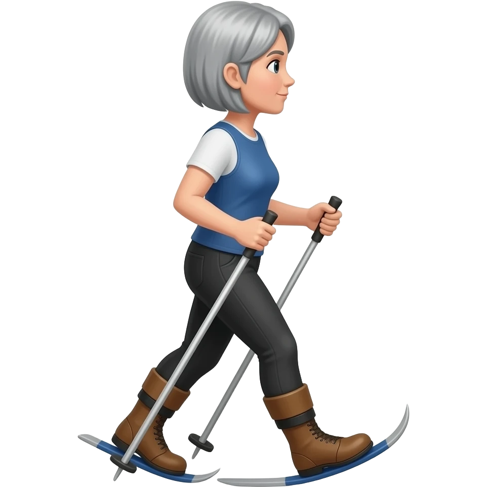 woman with grey bob haircut nordic walking, pole in each hand, hole body view side view emoji