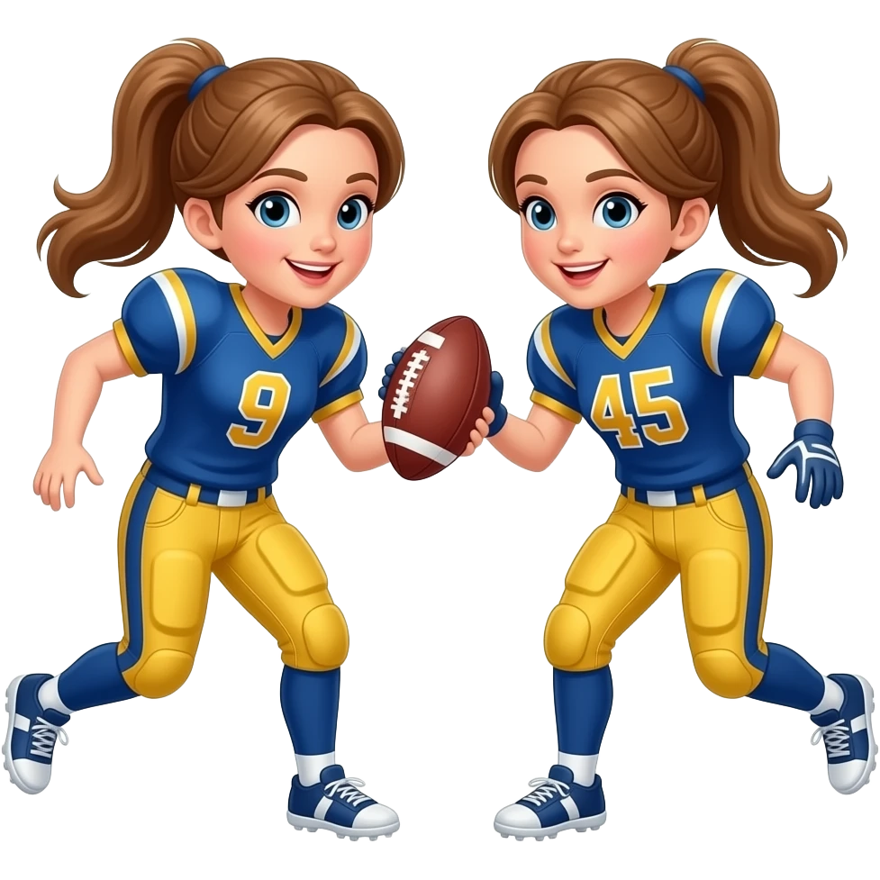 white Girls light brown hair flag football players wearing Blue and gold with #9, #45 emoji