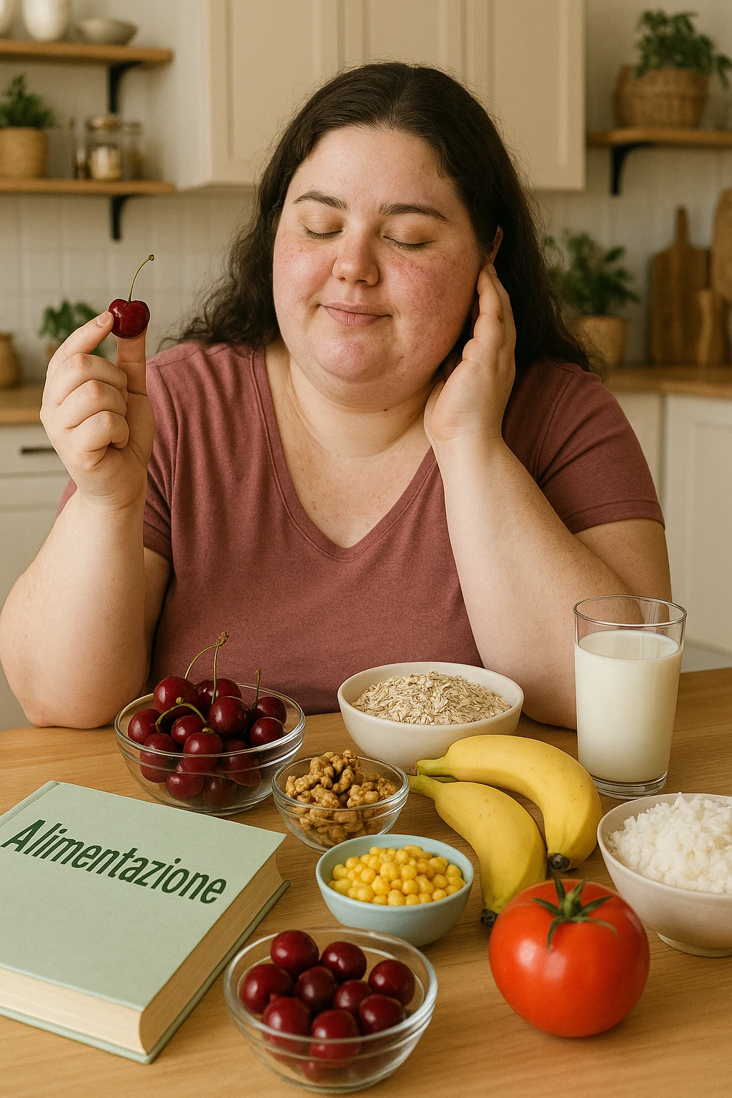 Donna con pcos che cerca di aumentare la sua produzione di melatonina con la dieta immagine realistiche in italiano emoji
