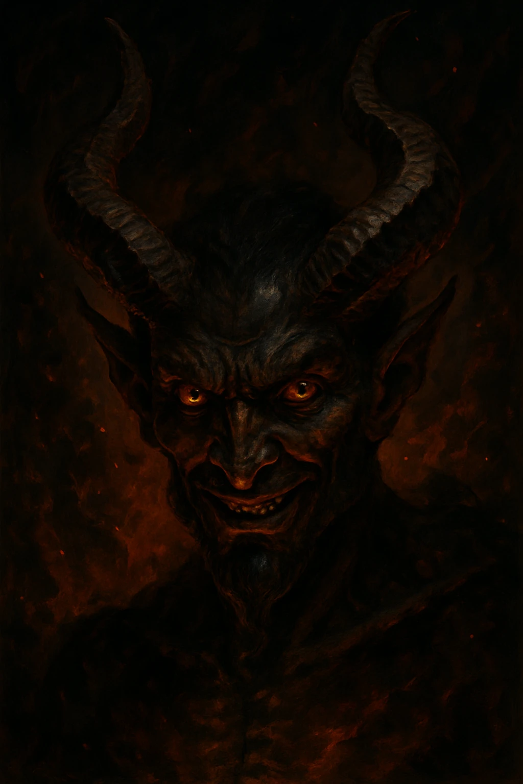 Sheitan, a devilish or demonic figure, creative and visually striking, expressive features, prominent horns, mischievous or sinister expression emoji