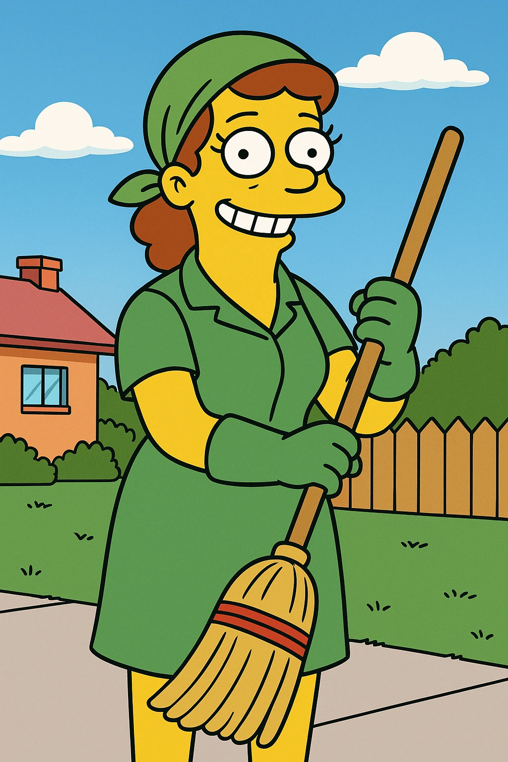 Simpsons-style janitor woman, yellow skin, green dress, gloves, holding a broom, smiling emoji