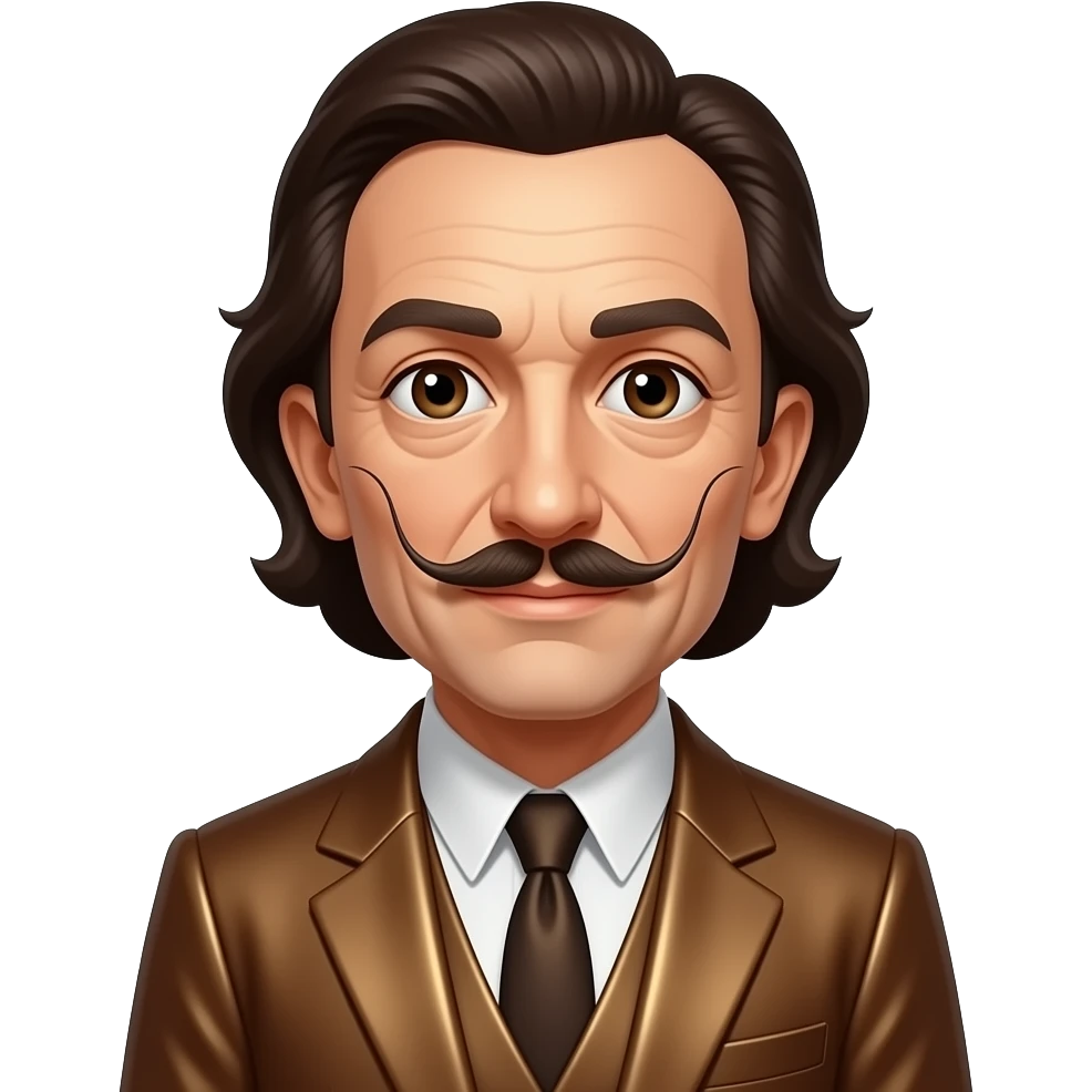 Salvador Dalí with dark brown eyes, dark brown hair and thin mustache, rich brown metallic suit emoji