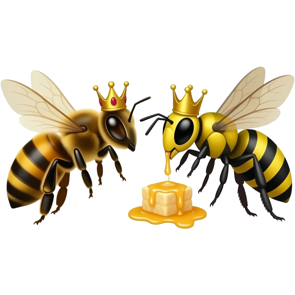 Make a Queen honeybee with an crown and king Wasp with an crown eating honey emoji