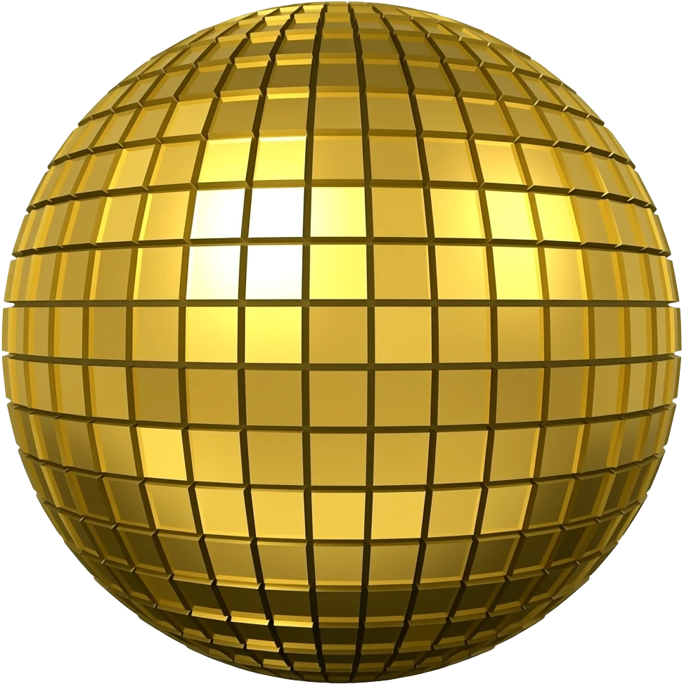 ​كرة ديسكو: كرة بلورية ذهبية عاكسة للضوء مكونة من مربعات صغيرة. emoji