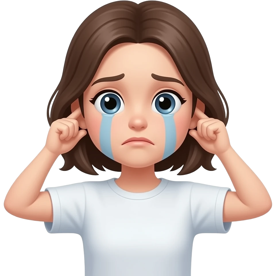 A pale girl wearing a t-shirt shirt with a sad face catching her ears emoji