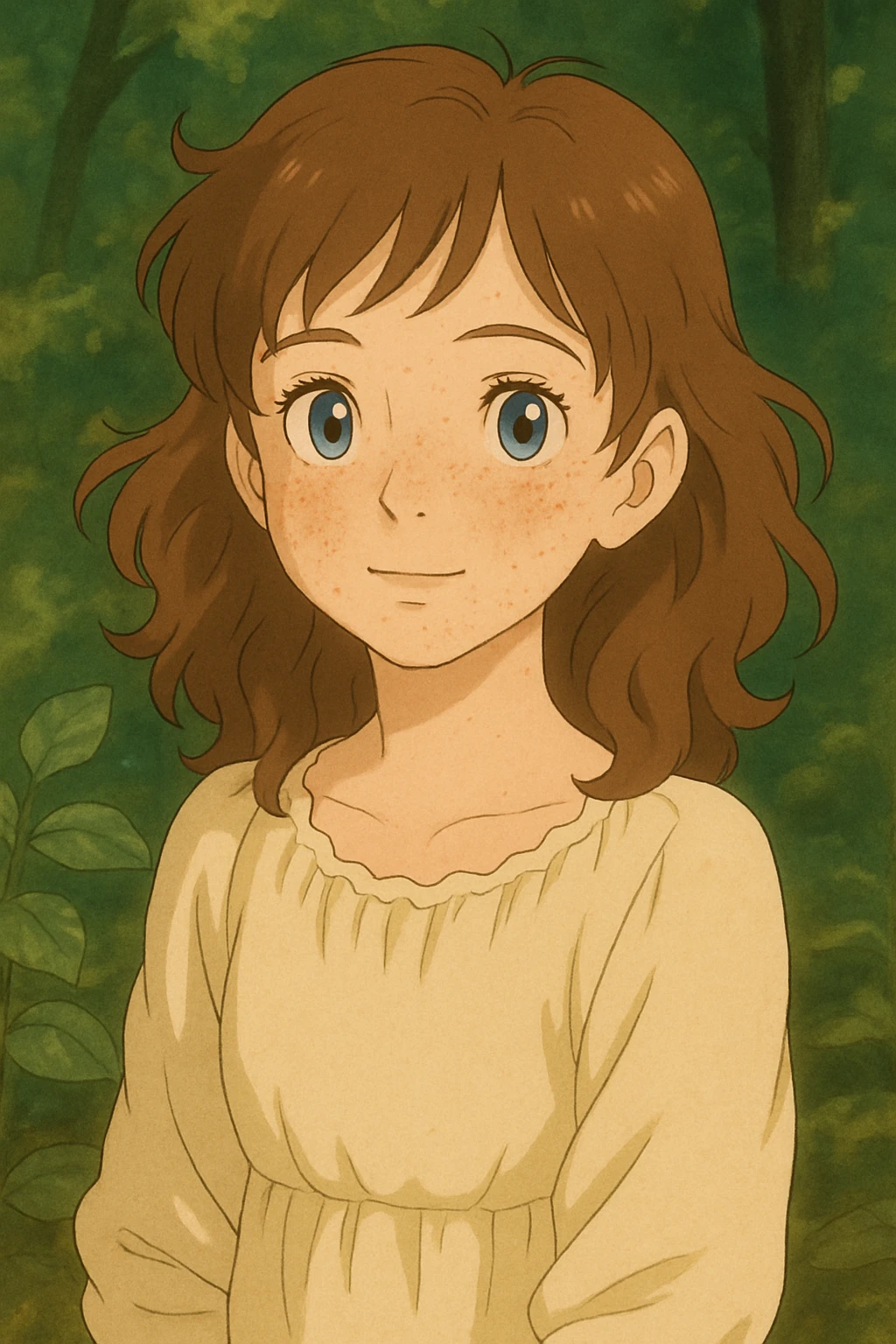 Add subtle freckles to her cheeks, preserving the ghibli-inspired style. emoji