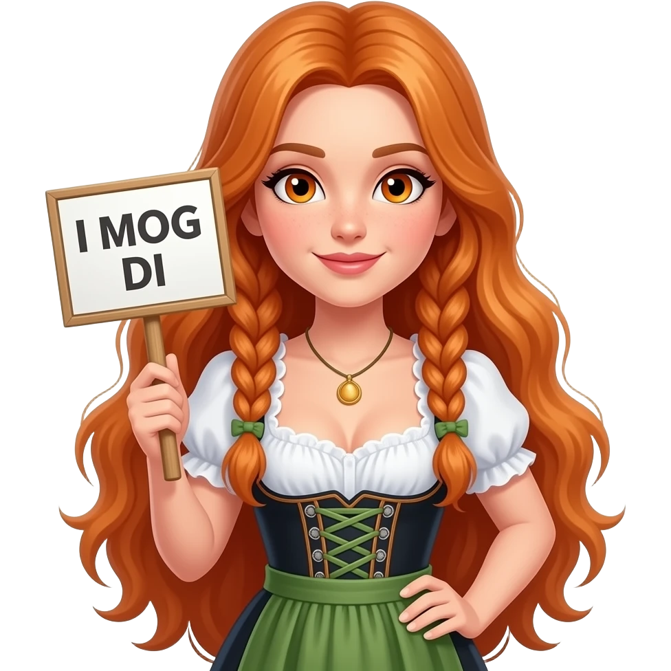 sexy girl with overlong ginger hair in braids and ginger eyes wearing a dirndl holding a I MOG DI sign emoji