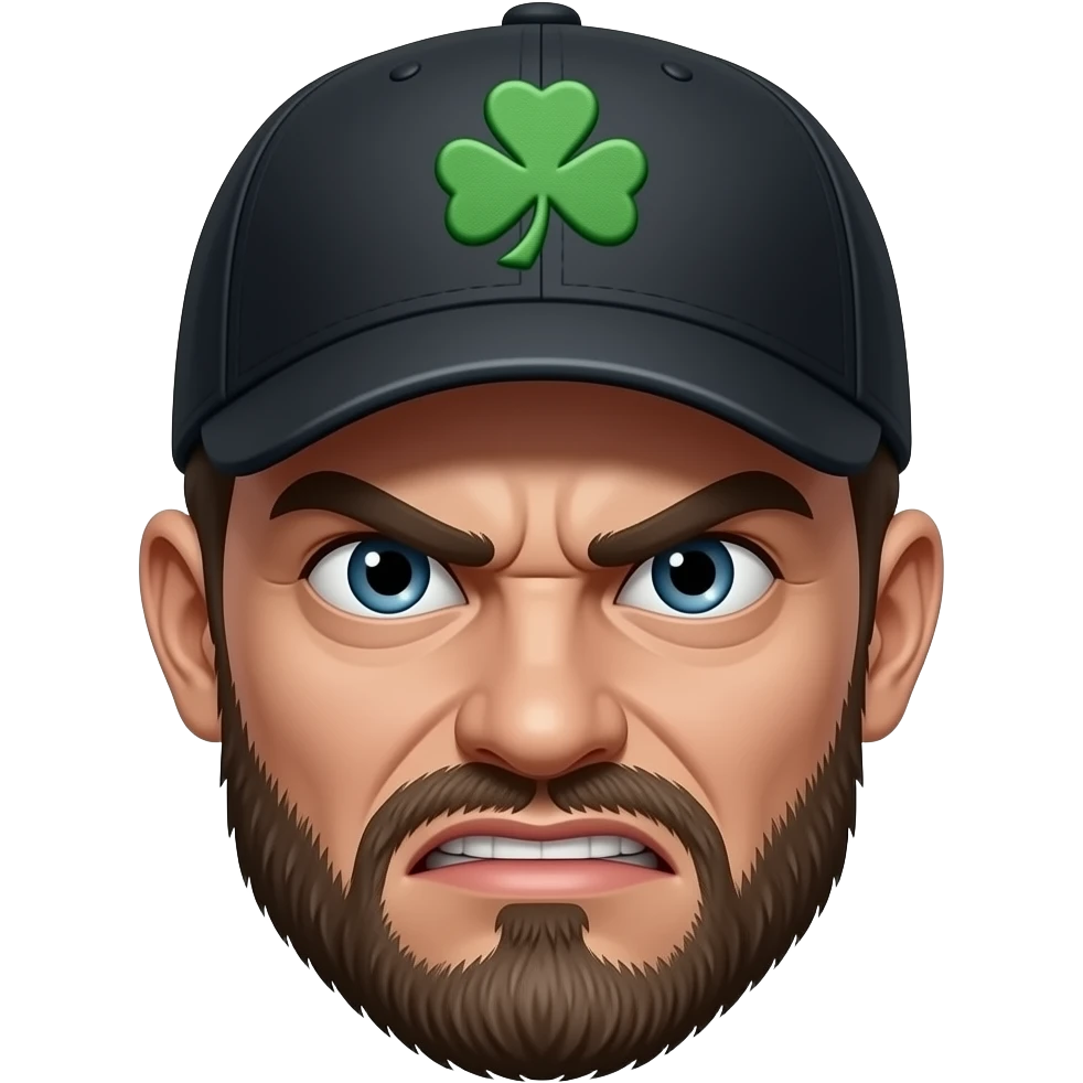 scary face of a hooligan wearing a hat with ☘️ on it emoji