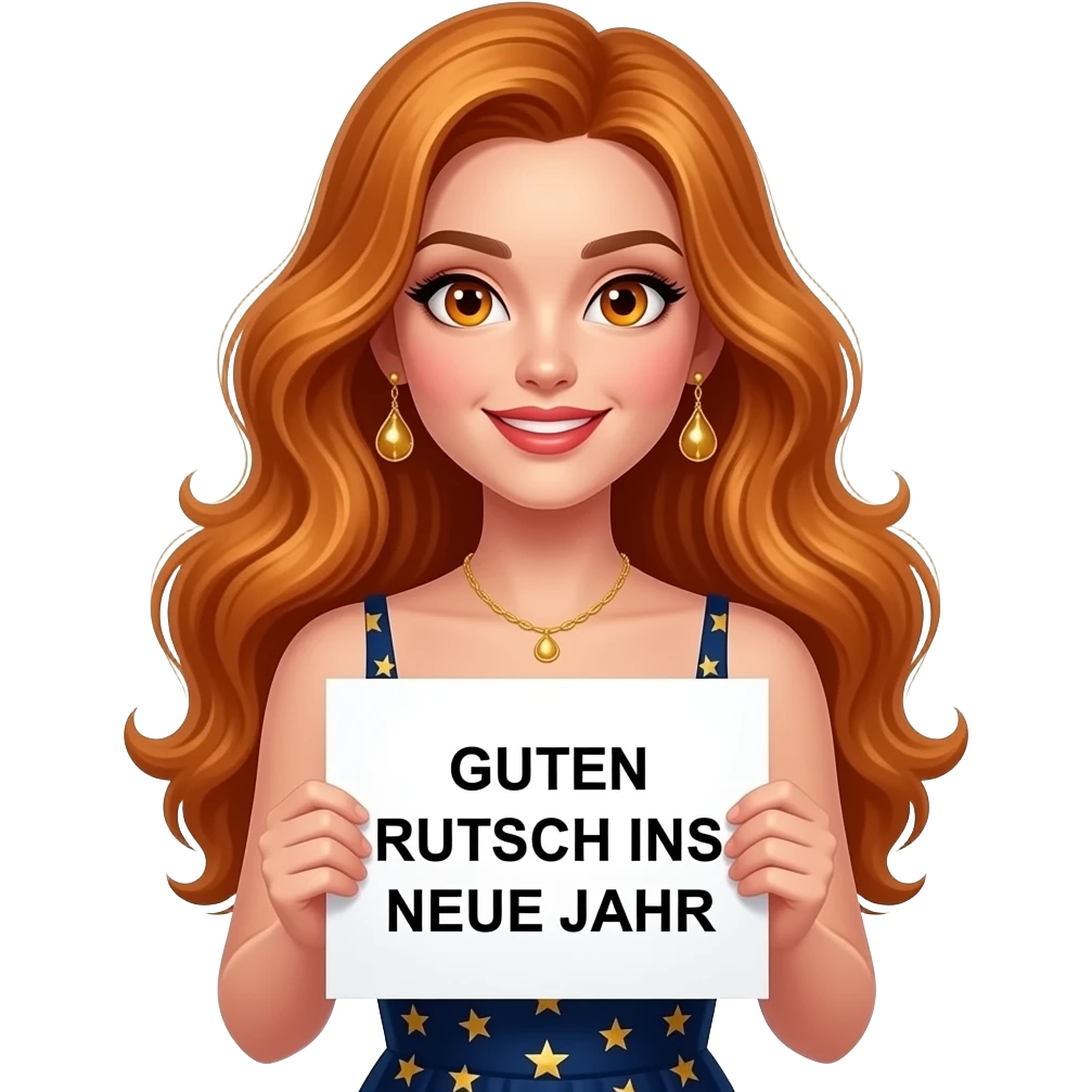 sexy girl with long wavy ginger hair and ginger eyes wearing a new years eve dress is holding a white colored sign with GUTEN RUTSCH INS NEUE JAHR written on it emoji