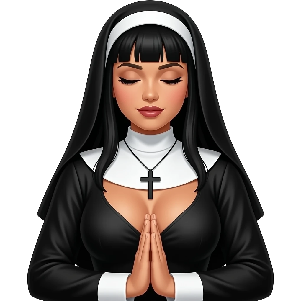 Medium Tan skin Filipino Women showing cleavage in sexy nun outfit with long black hair, straight across bangs dark eyebrows, curvy chest, eyes closed and long eyelashes praying hands at stomach level emoji