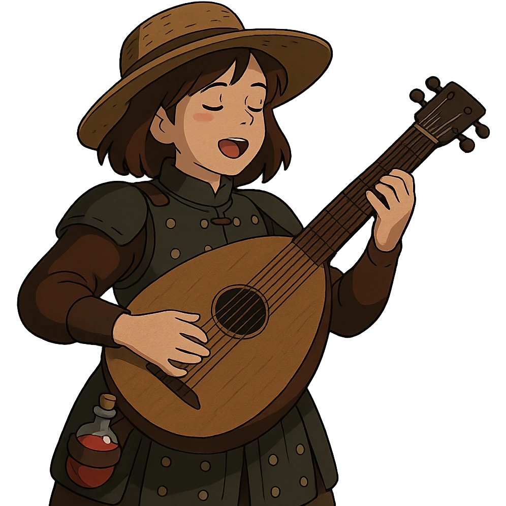 A female bard wearing brigandine armor with a sturdy straw hat, playing a fat lute and singing, night time shadows  , tool belt with red potion and bandages  emoji