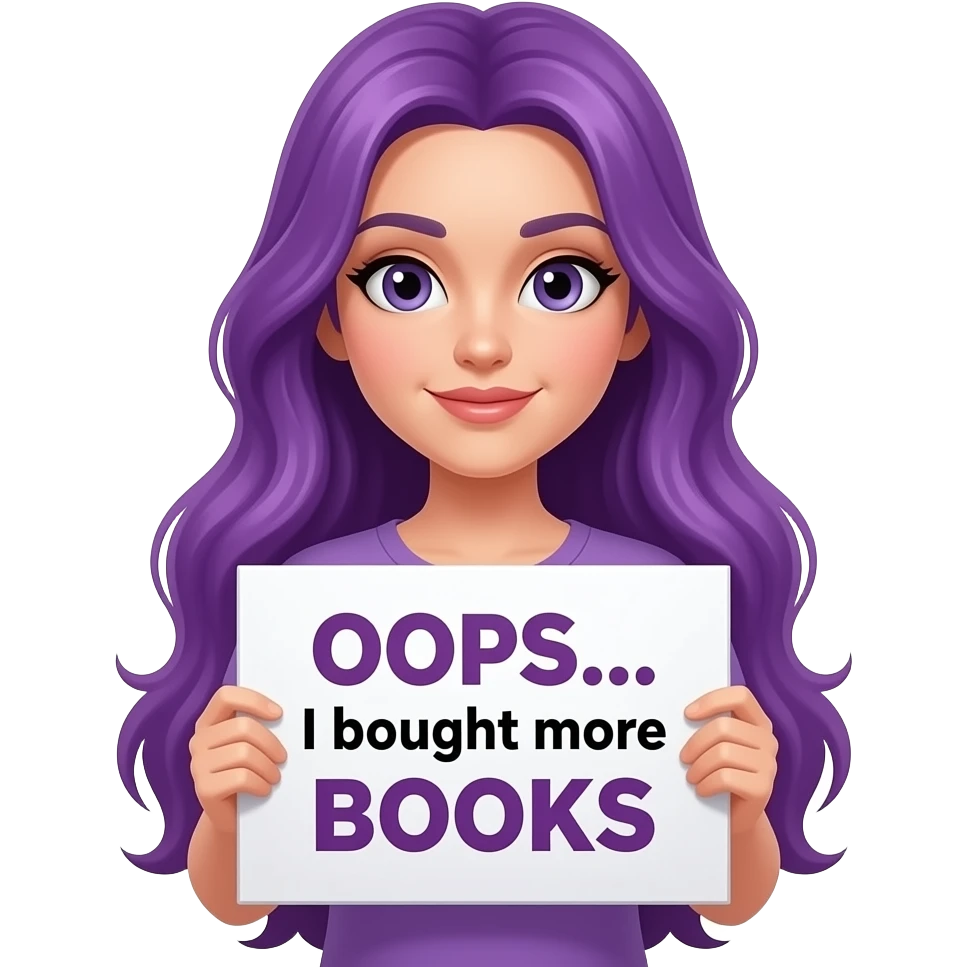 sexy girl with long purple hair holding a OOPS... I bought more BOOKS sign emoji