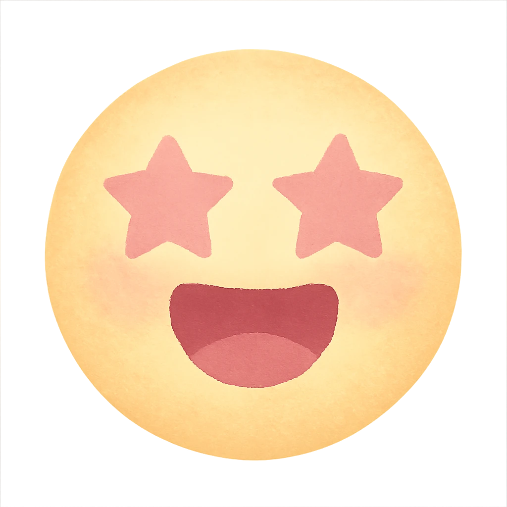 cute emoji, round face, star eyes, open mouth, excited, pastel yellow and pink emoji