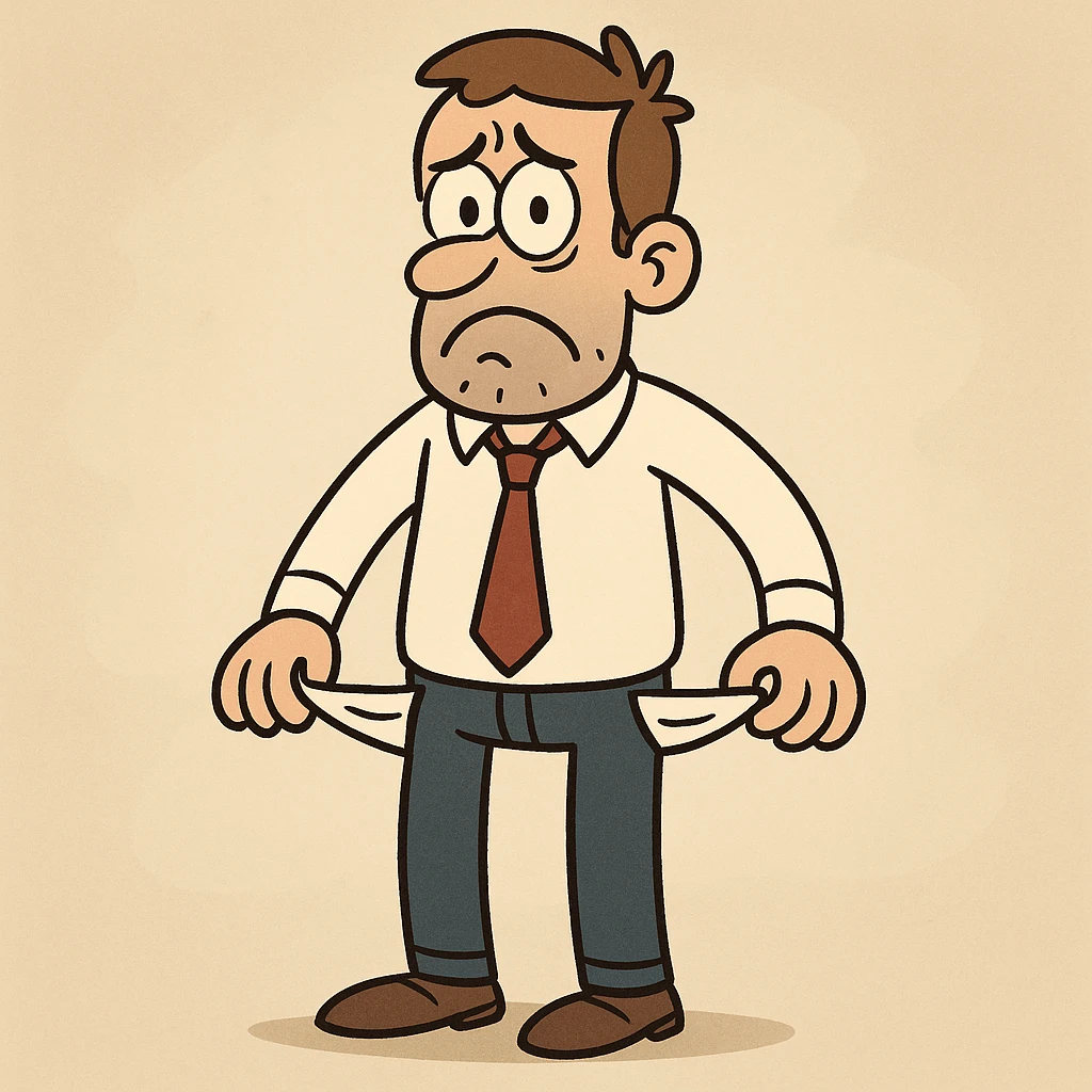 a flat toon man with empty pockets and a worried face, symbolizing unemployment emoji