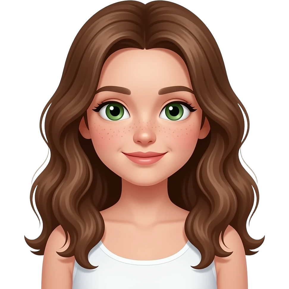 CUTE GIRL PREPPY WITH not volominous WITH WAVEY LONG BROWN HAIR, FRECKLES AND GREEN EYES IN CUTE WHITE TOP emoji