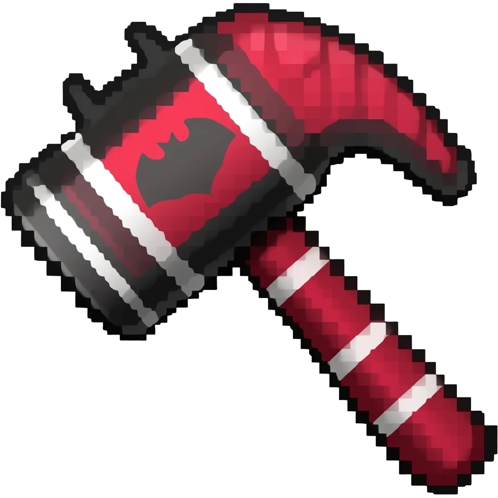 A really pixelated bat-looking but red and black/white hammer representing admin emoji