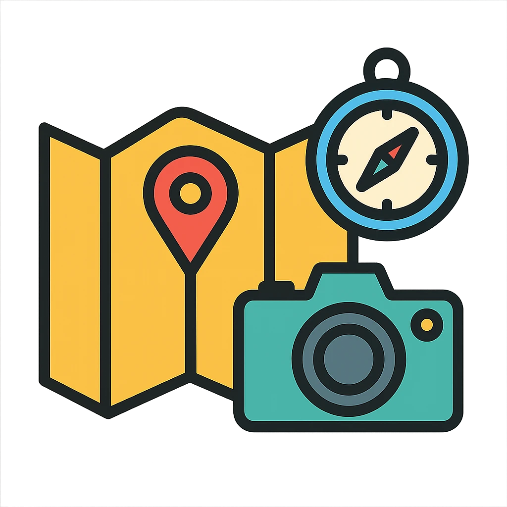 a map with a compass and a camera emoji