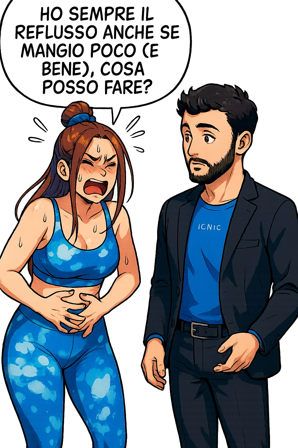 TRASFORMA QUESTO CAROSELLO IN UN FUMETTO STILE WEBTOON/MANGA A COLORI CON QUESTE DUE PERSONE IDENTICHE CHE INTERLOQUISCONO TRA LORO, LA DONNA è DISPERATA CON LE MANI sulla pania perché soffre di reflusso E STA DOMANDANDO TUTTA AGITATA UNA COSA ALL'UOMO:

LEI (DONNA): Ho sempre il reflusso anche se mangio poco (e bene), cosa posso fare?
 emoji