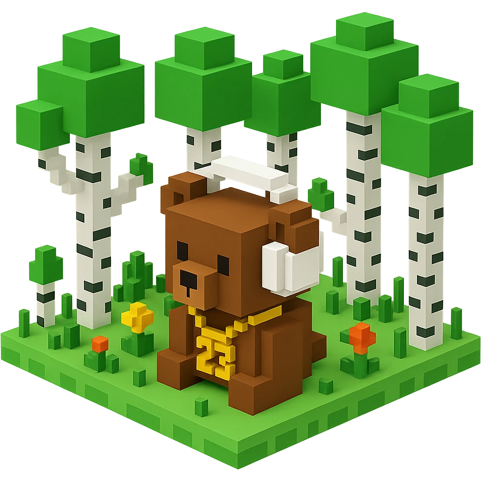 березовый лес, в котором сидит бурый медвежонок в белых наушниках (наушники должны закрывать уши медведя), на медведе цепь с подвеской "23", no background  emoji