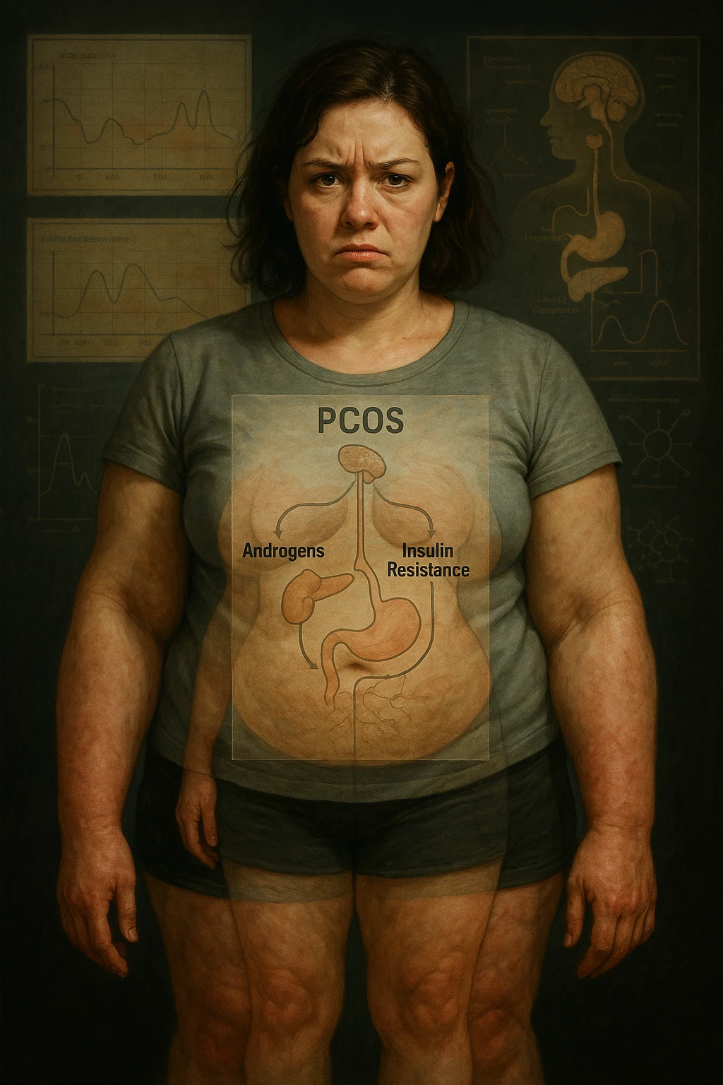 cinematic realistic in italiano Woman with PCOS struggling with hormonal chaos, transparent overlay showing elevated androgens and insulin resistance affecting her body, lipedema causing disproportionate fat accumulation in legs and arms despite normal torso, expression of frustration with unexplained weight gain, medical charts showing complex endocrine dysfunction, painful swollen limbs contrasting with metabolic confusion scrivi in italiano emoji