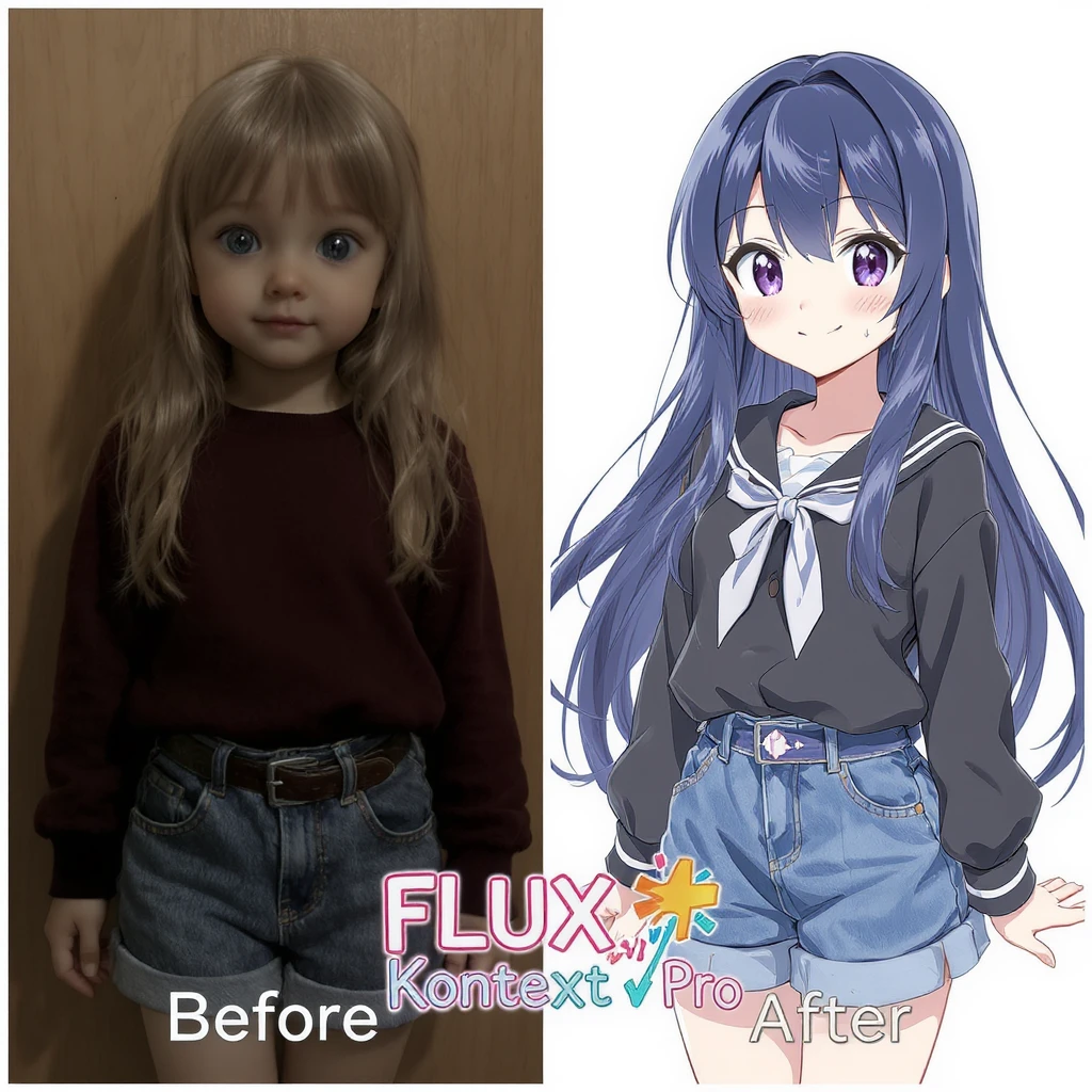 create before after image of a girl before is realsitic photo, after is anime version of her in same pose and clothes, add logo with text of a "FLUX Kontext Pro" emoji