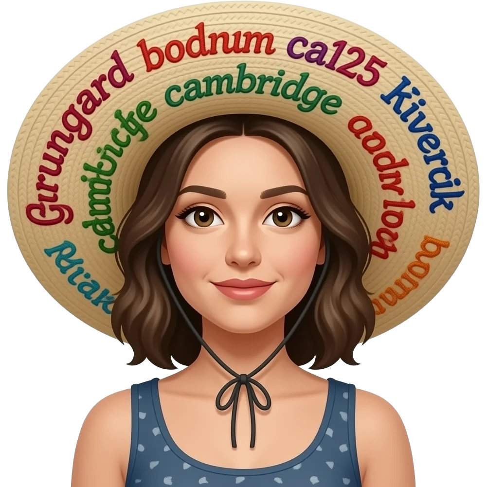 can you make a big hat on her with these words easily readible: grungard, bodrum, ca125, cambridge, audi, kivircik, bodrum, blood, texas, gluten-free, krasner emoji