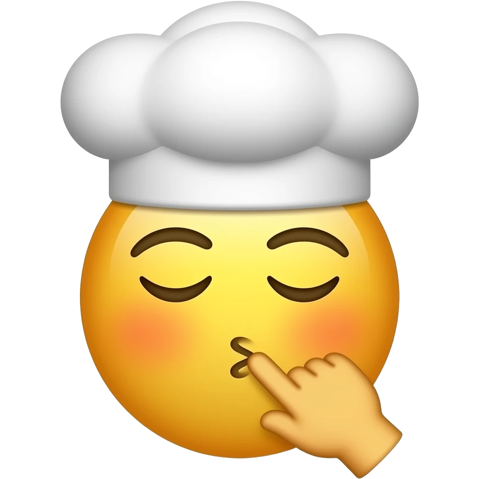 Emojis.com minimalista de beijo do chef (cabeça de chef única com o clássico formato de emoji de cabeça redonda amarela pequena, usando um chapéu de chef, com os dois olhos fechados e uma mão pequena (sem braço) perto da boca, beijando a própria mão e mandando um beijo). emoji