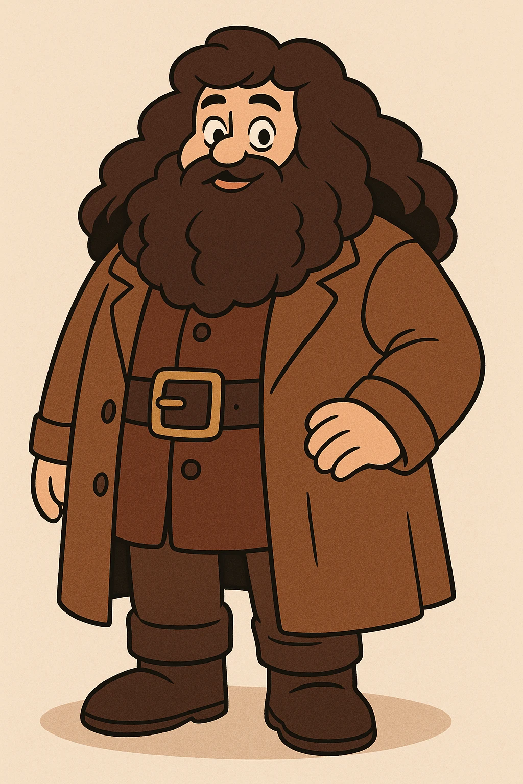full body illustration of Hagrid in a cute, cartoon, simplified style with bold black lines and soft colors; very large with voluminous brown hair and beard; wearing a brown overcoat, wide belt, boots, and a friendly expression emoji