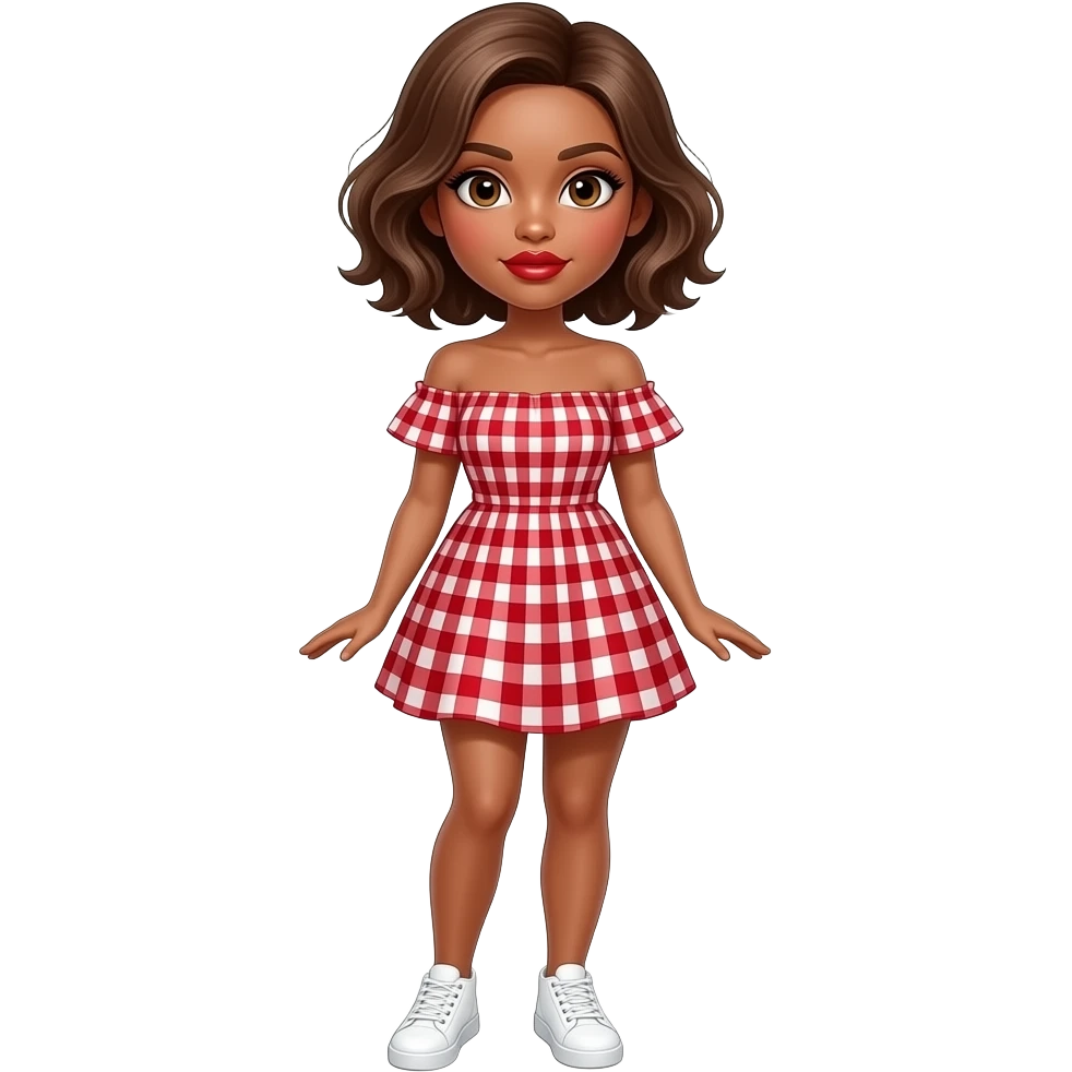 glamours,-tanned,-very-beautiful-girl,-with-big-plump-red-lips,-long-long-lashes,-honey-silky-very short- hair,-wavy-hair,-hazel-eyes- wearing- red-gingham-frill - dress- white-sneakers-shrugging-shoulders-full-body emoji