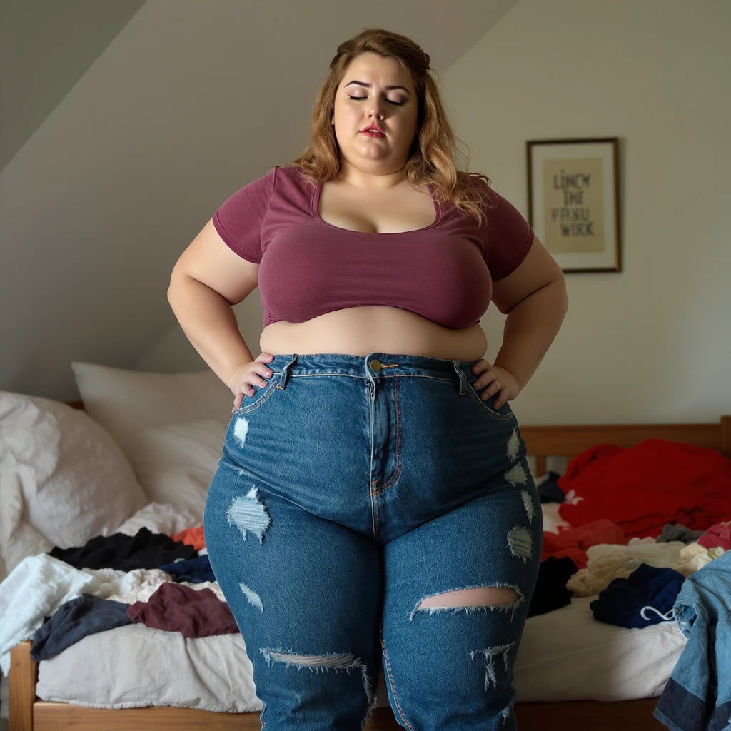 realistic plus-size woman with swollen thighs, struggling with jeans, seams popping like balloons, bedroom messy with failed outfits, vertical photo emoji