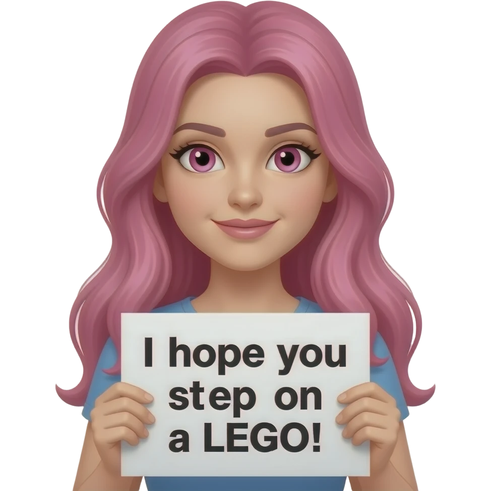 sexy girl with long pink hair and pink eyes holding a I hope you step on a LEGO! sign emoji