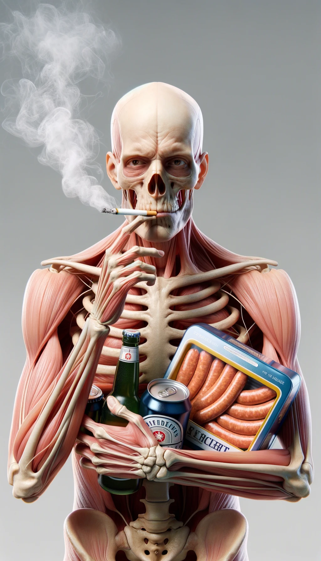 CORPO UMANO ANATOMICO TIENE UNA SIGARETTA IN BOCCA E STA FUMANDO MENTRE TIENE TRA LE BRACCIA UNA BIRRA E WURSTEL CONFEZIONATI, LI GUARDA CON ESPRESSIONE INDECISA IN VOLTO, NEUTRAL CLEAR BACKGROUND, iperrealistico 4k emoji