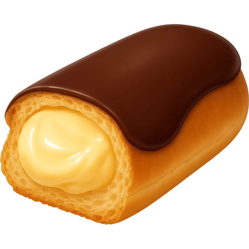 Remove the background from the image, keep the sliced dairy-filled eclair with glossy chocolate glaze unchanged, maintain the original style and details. emoji