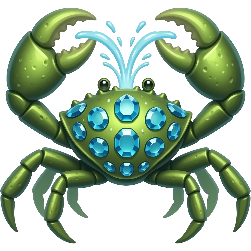 Marinibble A fast and dangerous green crab-like creature that gathers shiny stones on its back. It snaps a 4 big strong claws that burst with pressurized water. emoji